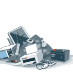 Illustration of broken and unwanted items, including a printer, microwave, keyboard, car battery, monitor, and light bulbs