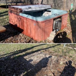 Before and after of a hot tub that Junk Bear removed from a client's property