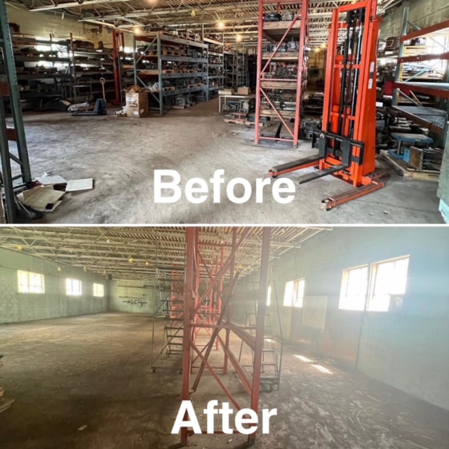 Before and after photo of a commercial warehouse cleanout project completed by Junk Bear