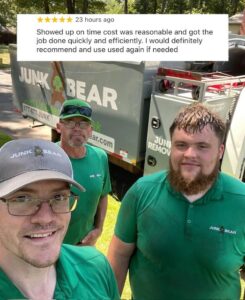 A 5-star review for Junk Bear that reads "showed up on time, cost was reasonable, and got the job done quickly and efficiently. I would definitely recommend and use again if needed."